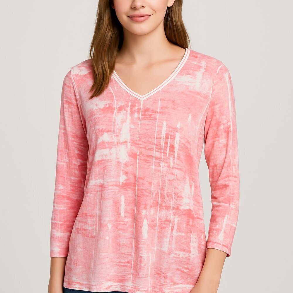 Habitat Clothes To Live In Top Size Large Pink White 3/4 Sleeves Abstract Artsy